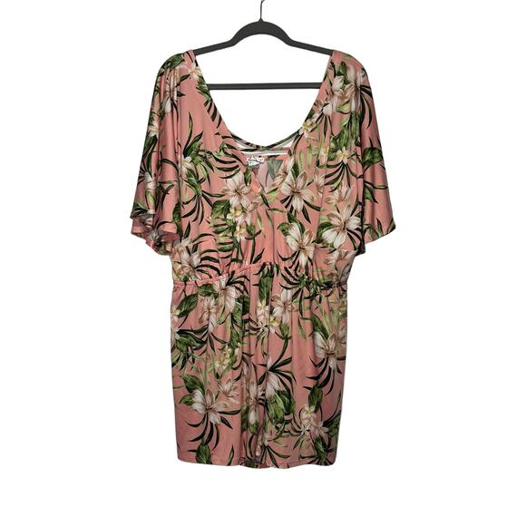 VENUS Coral Romper Tropical Floral Print Womans 1X Deep V - Elastic Waist Boho - Picture 1 of 11